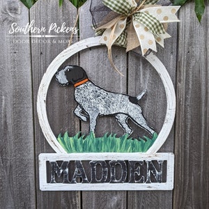 GWP Home Decor | GSP Door Hanger | German Wirehaired Pointer Family Name Welcome Door Hanger Sign | GWP Owner Gift | Pointer Dog Decor
