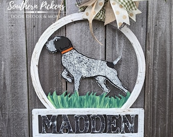 GWP Home Decor | GSP Door Hanger | German Wirehaired Pointer Family Name Welcome Door Hanger Sign | GWP Owner Gift | Pointer Dog Decor