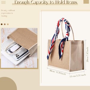 May include: A beige tote bag with white trim, measuring 11.81 inches wide, 7.87 inches tall, and 5.51 inches deep. It has a colorful scarf tied to the handles. The bag is shown with a laptop, mouse, and phone inside. Text reads: Enough Capacity to Hold Items.
