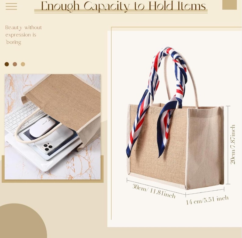May include: A beige tote bag with white trim, measuring 11.81 inches wide, 7.87 inches tall, and 5.51 inches deep. It has a colorful scarf tied to the handles. The bag is shown with a laptop, mouse, and phone inside. Text reads: Enough Capacity to Hold Items.