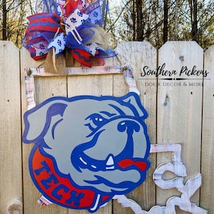 Louisiana Tech-deurhanger| Louisiana ingelijste Tech Bulldog grijze kop deurhanger | LA Tech-deurhanger | Deurhanger Bulldog mascotte Louisiana