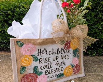 Custom Hand-Painted Jute Tote Bag - Personalized Gift Bag with Name, Scripture, or Floral Design - Bridesmaid, Teacher, Mother's Day Gift