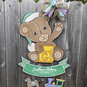 Teddy Bear with Block Gender Neutral Hospital Baby Door Hanger, Teddy Bear and rocking horse and toy train
