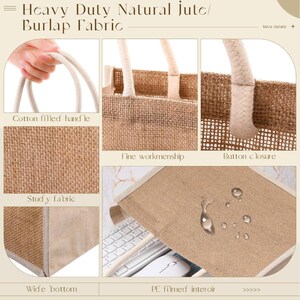 May include: A heavy-duty natural jute burlap fabric tote bag. Features include cotton-filled handles, fine workmanship, and a wide bottom. The bag has a PE-filmed interior and a button closure. The text on the image reads "Heavy Duty Natural Jute/Burlap Fabric."