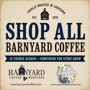 May include: A square graphic advertisement for Barnyard Coffee with a beige background. It features a barn icon, the text "SHOP ALL BARNYARD COFFEE", "LOCALLY ROASTED IN LOUISIANA", "EST. 2015", "12 UNIQUE BLENDS", and "BARNYARD COFFEE ROASTERS" with a floral logo.
