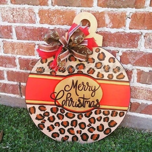 Ronde deurhanger vrolijk kerstfeest ornament met luipaardprint