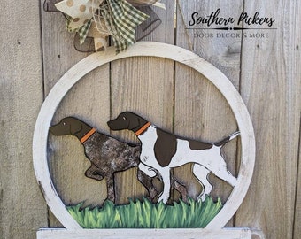 GSP: Double German Shorthaired Pointers Family Name Welcome Door Hanger, Bird Dog Sign