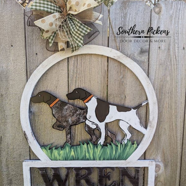 GSP: Double German Shorthaired Pointers Family Name Welcome Door Hanger, Bird Dog Sign