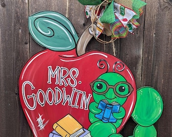 Apple & Bookworm Teacher Door Hanger – Custom Name – Classroom Decor – Back to School Gift Personalized - Teacher Gift - School Decor