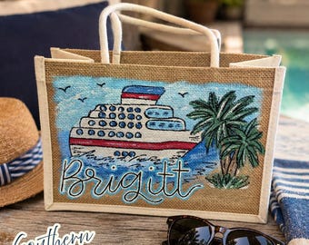Personalized Cruise Tote Bag – Custom Hand Painted Jute Vacation Bag with Ship & Palm Trees – Family Cruise Gift – Bible Tote – Custom Name