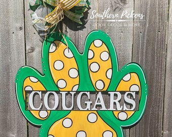 Paw Print Customizable School Pride Door Hanger, Mascot Door Hanger, Cougars, Tigers, Cats