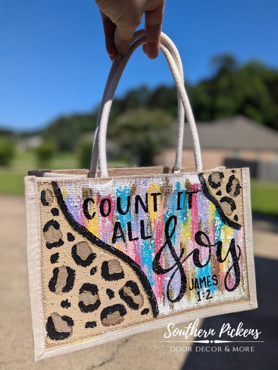 Hand Painted Leopard Print Tote Bag – “Count It All Joy” Bible Verse – James 1:2 – Christian Gift for Women – Scripture Tote – Faith Bag