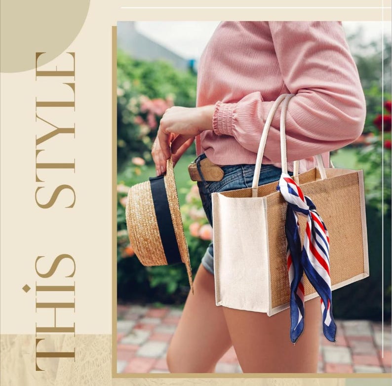 May include: A natural fiber tote bag with a white front panel and white rope handles. A straw hat with a black band is held nearby. A scarf with red, white, and blue stripes is tied to the bag. The text "THIS STYLE" is on the left.