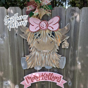 Highland Cow Hospital Baby Door Hanger, Baby Highland Cow with Bow Crown Nursery Decor, Baby Girl Door Hanger, Cow Door Hanger