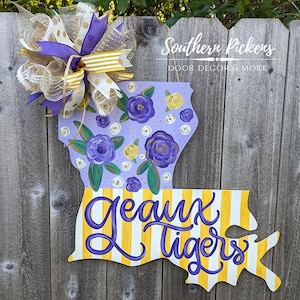 Purple and Gold Louisiana Door Hanger with Florals and Stipes, Louisiana Door Hanger, Louisiana Floral Door Hanger, Louisiana Summer Decor