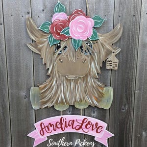 Highland Cow Hospital Baby Door Hanger, Baby Highland Cow with Flower Crown Nursery Decor, Baby Girl Door Hanger, Cow Door Hanger