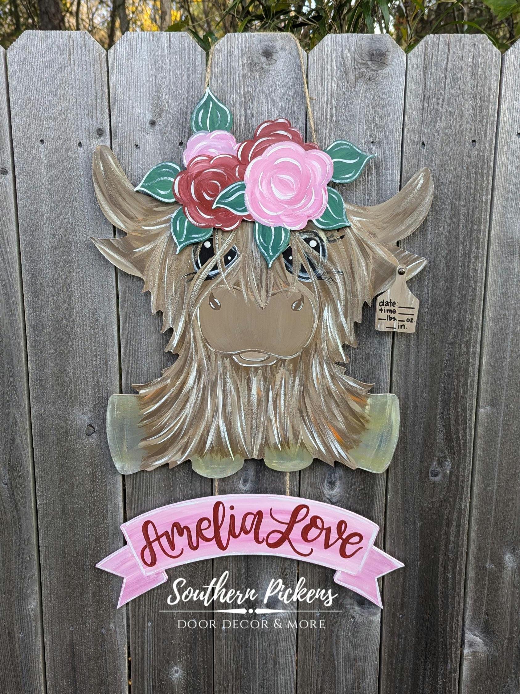 Highland Cow Hospital Baby Door Hanger, Baby Highland Cow with Flower Crown Nursery Decor, Baby Girl Door Hanger, Cow Door Hanger