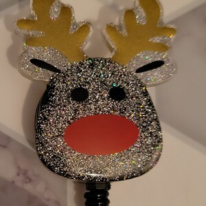 Holiday Reindeer with Silver Glitter Badge Reel Clip