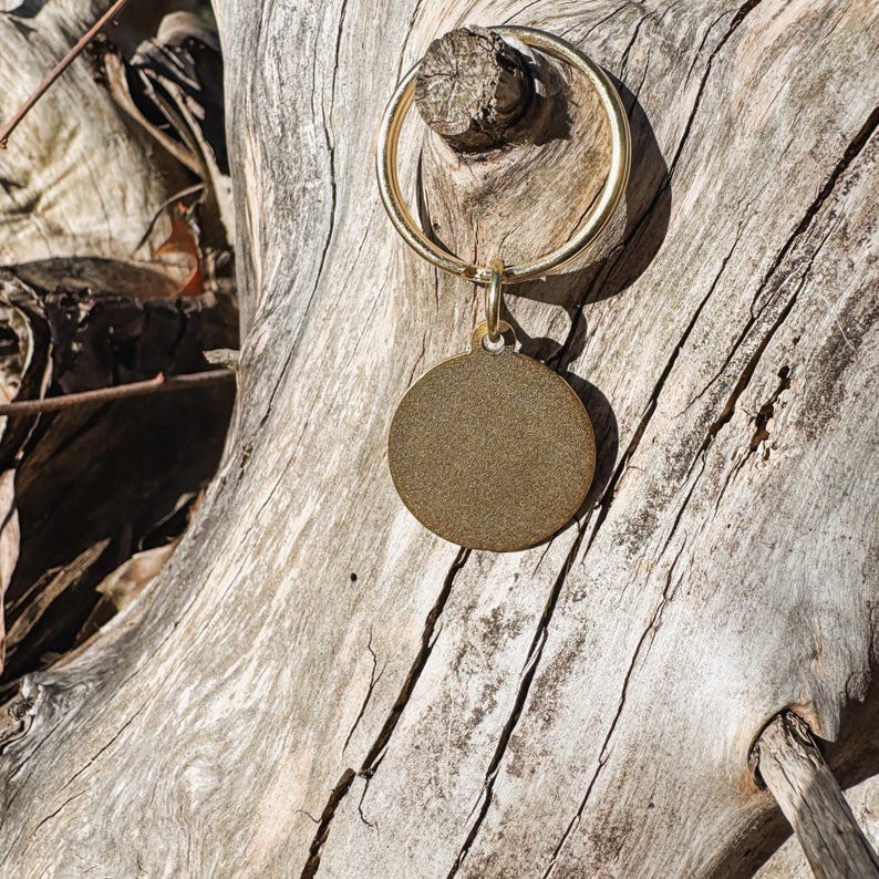 May include: A gold-coloured, round pet tag with a textured surface hangs from a gold-coloured ring. The tag is suspended from a small loop attached to the ring. The background is a weathered, light-coloured tree trunk.