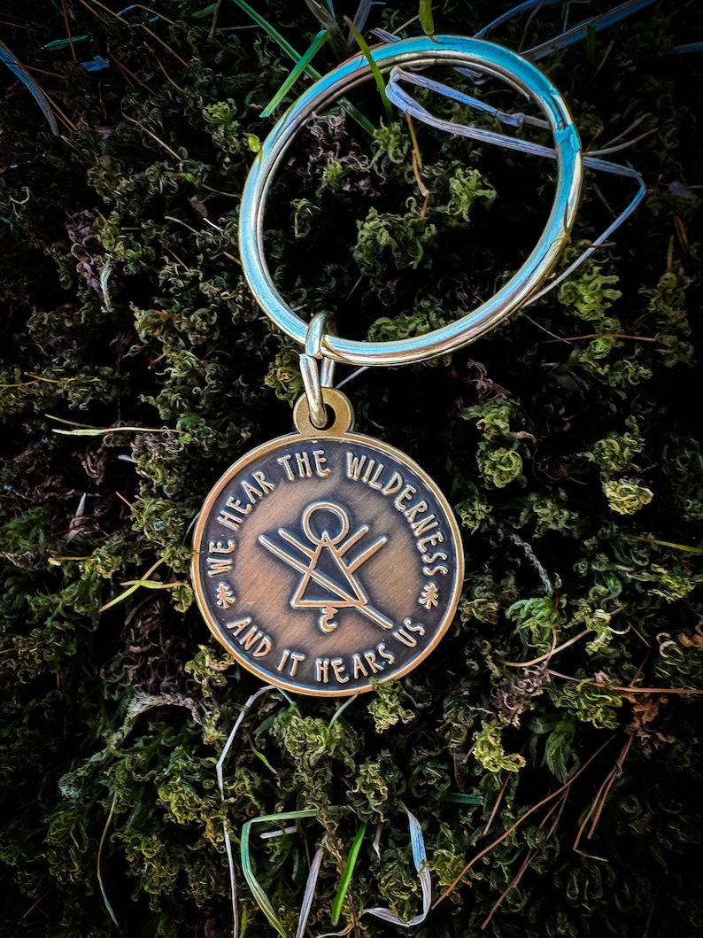 May include: A bronze pendant with the inscription "WE HEAR THE WILDERNESS AND IT HEARS US" and a geometric design, attached to a silver keyring. The background is a close-up of green moss.