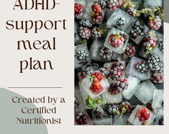 Könnte beinhalten: Bild mit Text: "ADHD-Support-Ernährungsplan" und "Erstellt von einem zertifizierten Ernährungsberater". Das Bild zeigt Eiswürfel mit gefrorenen Beeren. Die Website stalbansnutrition.co.uk befindet sich unten.