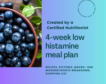 Può includere: Primo piano di una ciotola di mirtilli su una superficie di legno. Il testo "Created by a Certified Nutritionist 4-week low histamine meal plan RECIPES, PICTURES, MACRO-AND MICRONUTRIENTS BREAKDOWN, SHOPPING LIST WWW.STALBANSNUTRITION.CO.UK" è visualizzato sotto l'immagine.