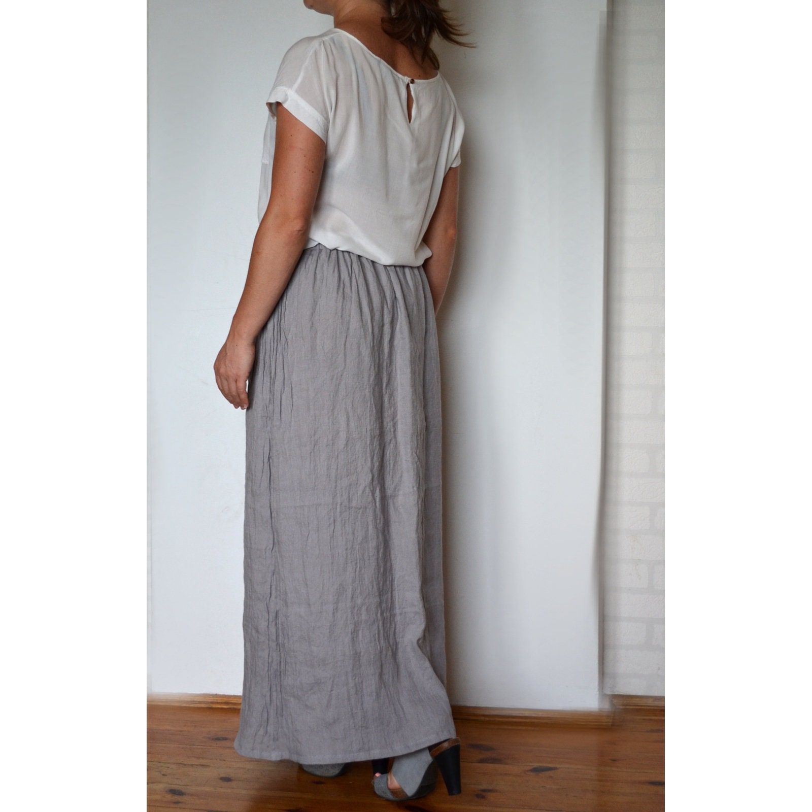 Long linen skirt Long skirt Gray Ruffle Skirt Loose Linen | Etsy