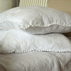 Linen pillowcase with pom poms, linen pillowcase, natural pillowcase, natural linen pillow, linen pillow case, linen pillow cover