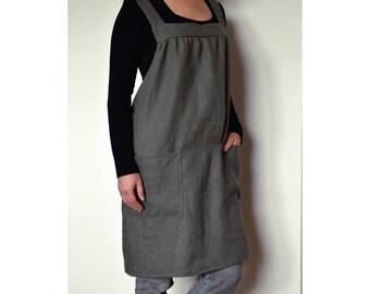 Linen apron, linen woman apron, artist smock, pinafore, square cross linen apron, japanese apron, artist apron, plus size apron,womens apron