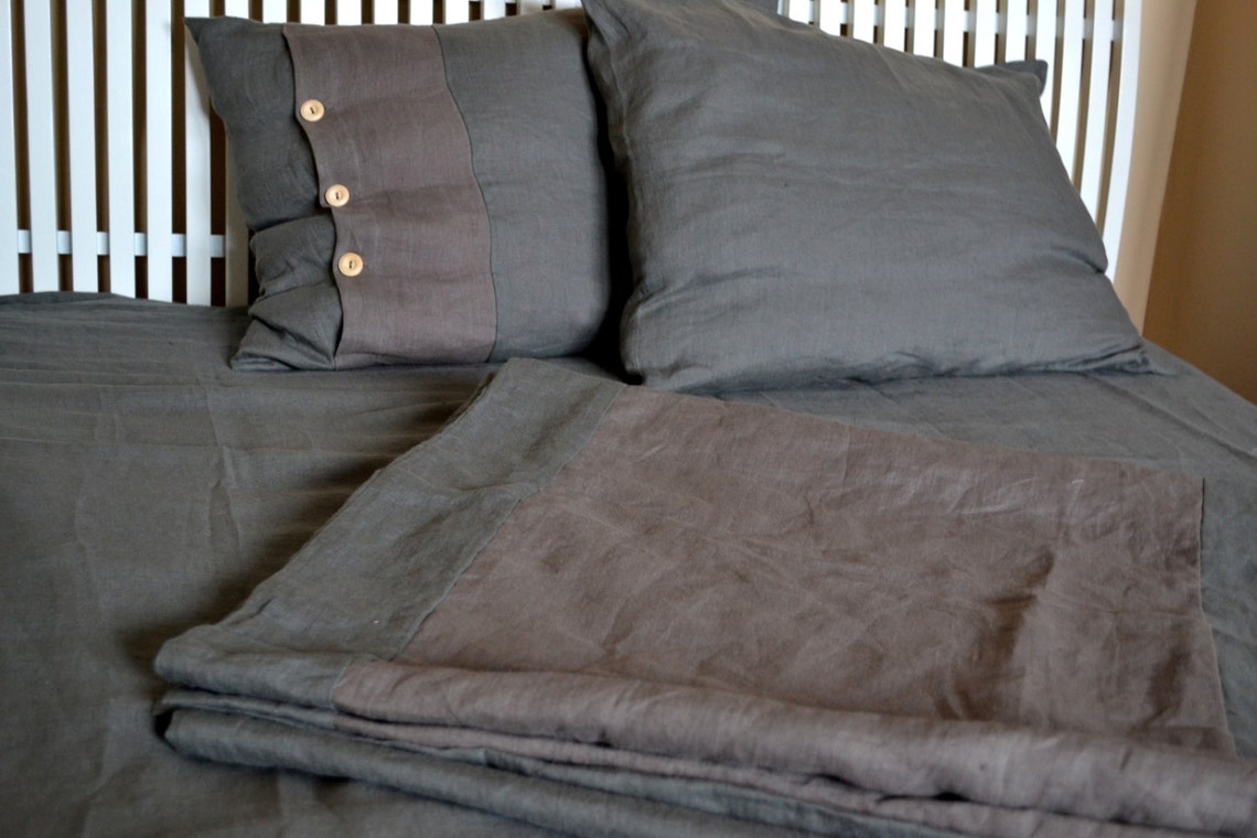 Gray Brown Linen Bed Set,bedding Double, Linen Duvet Cover, Linen ...