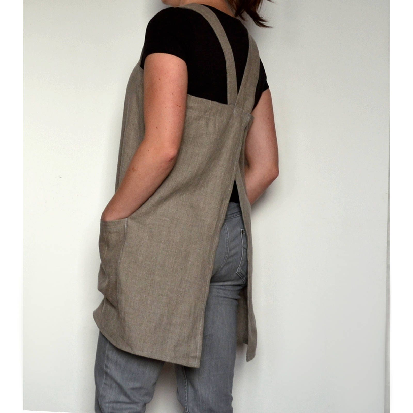 Linen Japanese Apron, Linen Pinafore, Linen Crossback Apron, Womens