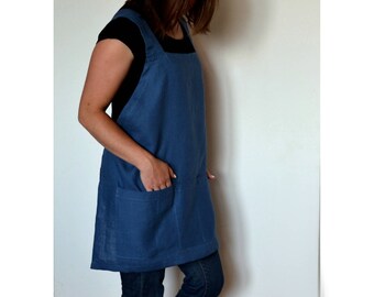 Linen apron, short apron, japanese apron, artist apron, woman apron, artist smock, cross back linen apron, linen tool apron, plus size apron