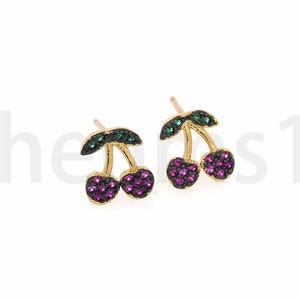 1 Pair, 18K Gold Filled Cherry Earrings, Cherry Studs, Micropavé CZ Fruit Earrings, Dainty Earrings, Gift for Her, 8.5x7.5mm