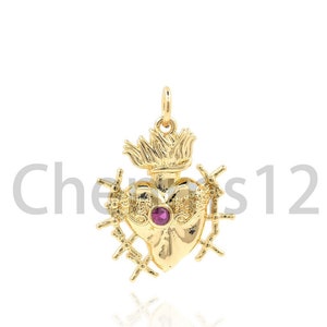 Sacred Heart Pendant, 18K Gold Filled Heart Pendant, Warm Heart, Micropavé CZ Heart Necklace,Heart Charm,DIY Jewelry Supplies, 24x18.5x3.5mm