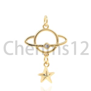 Planet Pendant, 18K Gold Filled Planet Necklace, Star Charm, Celestial Charm, Micropavé CZ Planet Charm, DIY Jewelry Supplies, 30x19.5x3mm