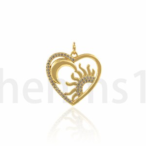 Heart Pendant, Moon Necklace, 18K Gold Filled Sun Necklace, Micropavé CZ Love Charm, Crescent Charm, DIY Jewelry Supplies, 21.5x23.5x2.3mm