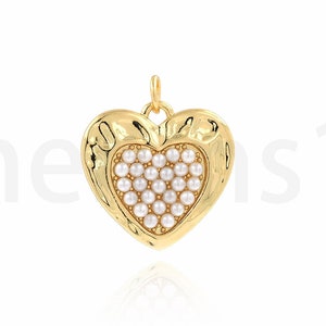 Puffed Heart Necklace, 18K Gold Filled Pearl Charm, Pearl Heart Pendant,Heart Pendant, DIY Jewelry Supplies, 20.7x21.6x3mm