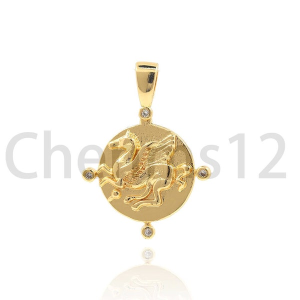 18K Gold Filled Round Pendant, Pegasus Necklace, Micropavé CZ Horse Charm, Animal Pendant, Animal Charm, DIY Jewelry Supplies, 26x19x2mm