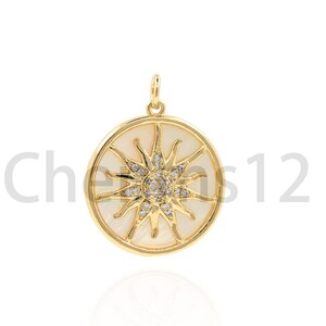 Shell Pendant,Micropavé CZ Sun Pendant,Mother Shell Charm,18K Gold Filled Sunshine Necklace,Sunshine Charm,DIY Jewelry Supplies,27x21.5x4mm
