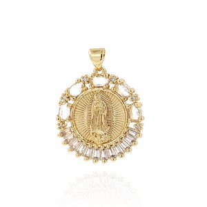 Madonna Pendant, 18K Gold Filled Religious Necklace,Micropavé CZ Round Pendant, Catholic Charm, DIY Jewelry Supplies，23.5x30x3mm