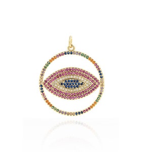 Micropavé CZ Disc Eye Pendant, 18K Gold Filled Eye Jewelry, Evil Eye Charm, Personalized Evil Eye Charm, DIY Jewelry Supplies,32.5x26.5x4mm
