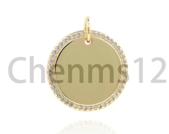 Colgante de espejo, colgante redondo, collar de monedas relleno de oro de 18 quilates, amuleto de moneda redonda Micropavé CZ, suministros de joyería de bricolaje, 22x19.5x2mm