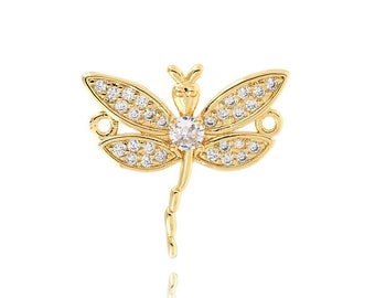 Libellenstecker Schmuck, Micropavé CZ Insektenstecker, 18K Gold gefüllte Libellenanhänger, DIY Schmuckherstellung Zubehör, 24x23x3.5 mm