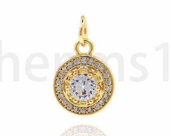 Micropavé CZ Round Coin Charm, colgante de espejo, colgante redondo, collar de monedas lleno de oro de 18 quilates, suministros de joyería de bricolaje, 16x10x4.4mm