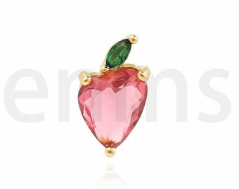 Ciondolo pesca riempito in oro 18 carati, charm alla frutta, collana di pesca rosa Micropavé CZ, accessori per gioielli carini, forniture per gioielli fai-da-te, 13,5x7,5x5 mm