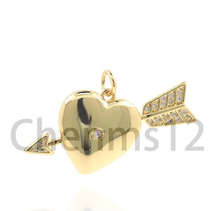 18K Gold Filled Heart Necklace, Micropavé CZ Heart Charm, Cupid Heart Arrow Charm, Bow Pendant, DIY Jewelry Supplies, 23x34x3.5mm