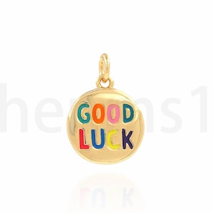Pingente de sorte esmaltado, pingente de esmalte, colar da sorte, pingente de letra redonda, pingente de carta preenchido com ouro 18K, suprimentos de joias DIY, 17,5X13,3X1,6mm