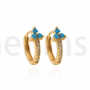 Turquoise Hoop Earrings, 18K Gold Filled Cartilage Turquoise Earrings, Micropavé CZ Three Stone Stud Earrings, Teal Stud Earrings, 11x12mm