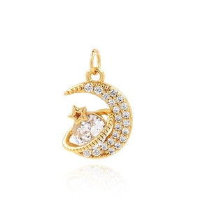 Moon Pendant, Planet Charm, 18K Gold Filled Planet Necklace, Micropavé CZ Saturn Ring Charm,DIY Jewelry Supplies, 20x13.2x5mm