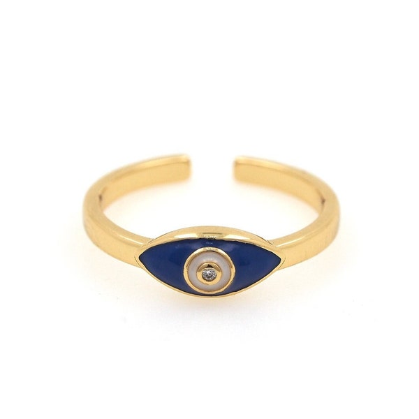 Enamel Eye Ring, 18K Gold Filled Evil Eye Ring, Open Ring, Micropavé CZ Diamond Ring, Eye Jewelry, Evil Eye Jewelry, Adjustable Ring